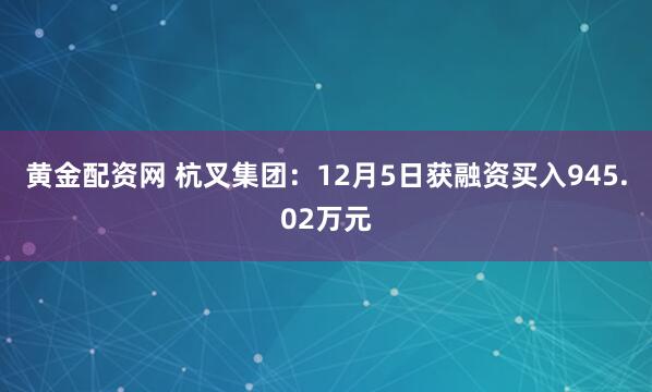 黄金配资网 杭叉集团：12月5日获融资买入945.02万元